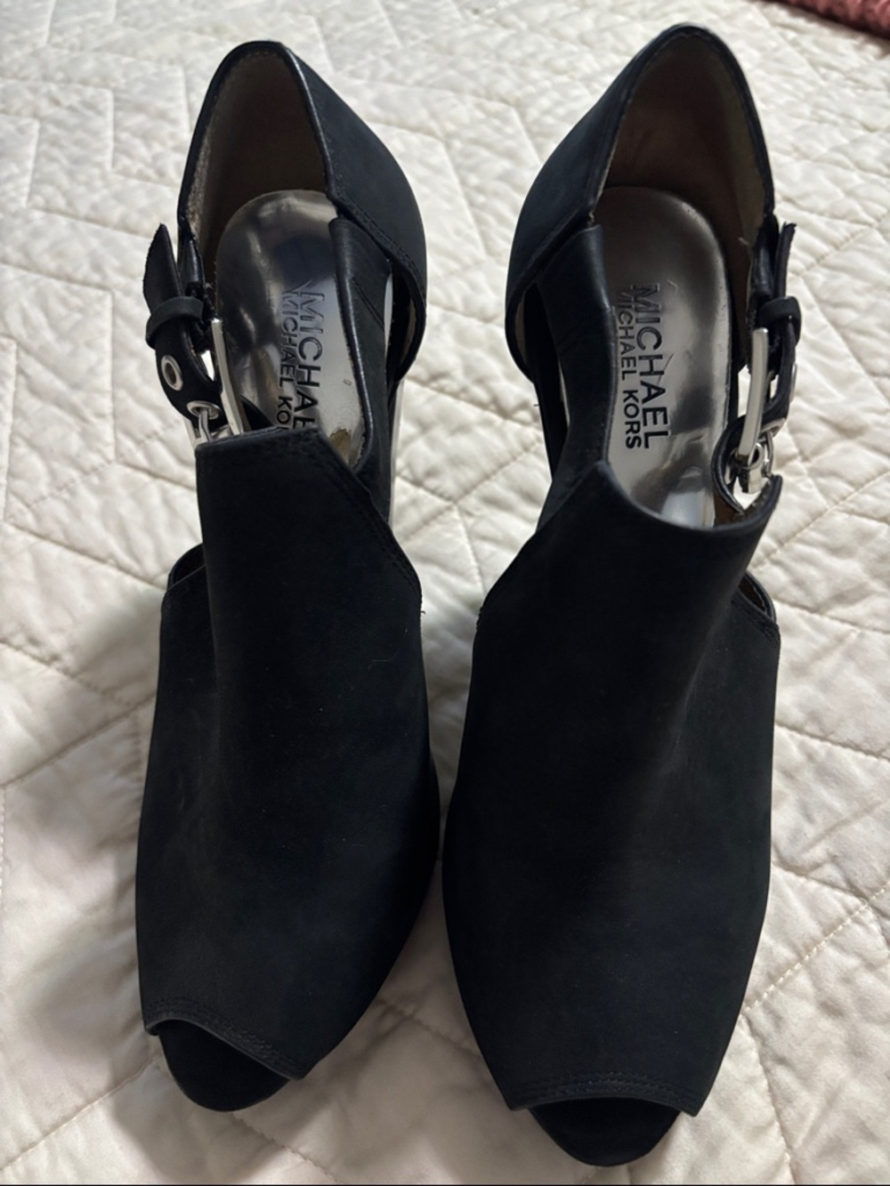 Michael Kors Black Suede Peep-Toe Slingback Platform Heels Chic Size 8 EUC